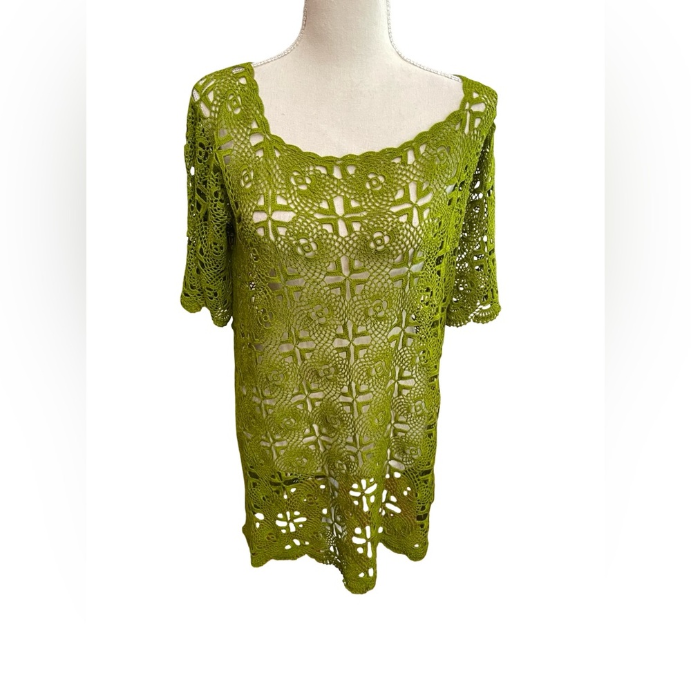 Unbranded green floral crochet tunic long top lace MEDIUM sheer short sleeve - Picture 6 of 13